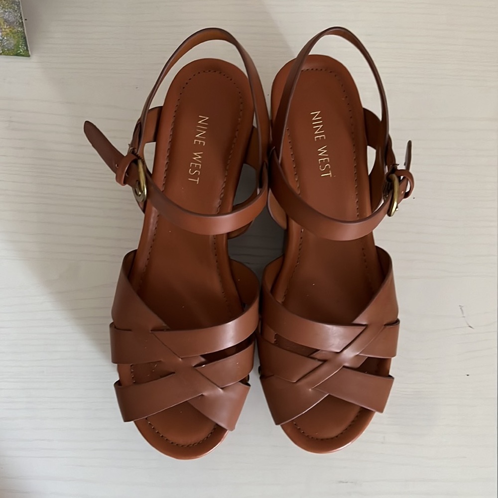 Nine West Cognac Wedge Sandals 8.5 - Picture 5 of 6